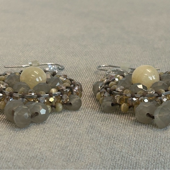 TAUPE tan brown cream beaded crystal rhinestone circular bohemian style earrings - Picture 7 of 8